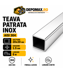 Teava patrata inox lucioasa AISI 304, 20 x 20 x 1.5 mm, 6 metri